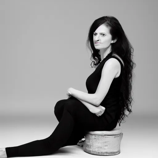 Image similar to a woman sitting on the ground with her legs crossed, a portrait by thomas millie dow, instagram, arabesque, white background, black background, studio portrait