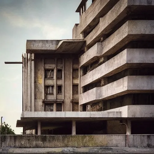 Image similar to “derelict architecture buildings, architecture digest, muted tones, volumetric lighting, building made by Frank Lloyd Wright, photorealism, high detail, golden ratio, cinematic, octane renderer”