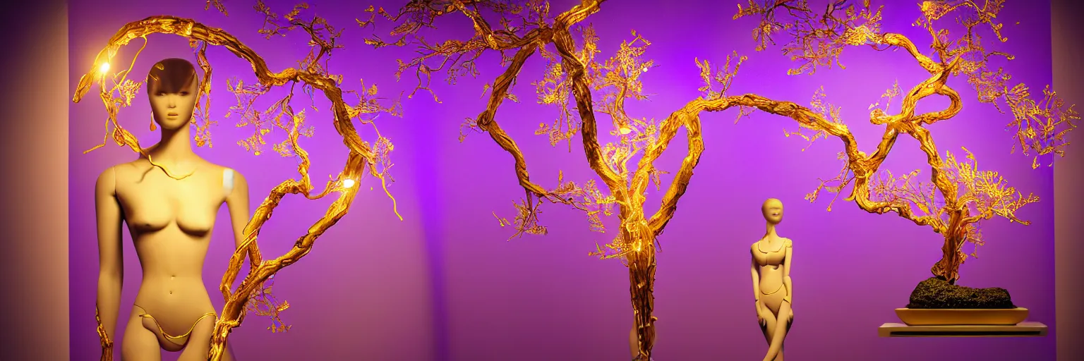 Image similar to beautiful mannequin sculpted out of amethyst by billelis + lit with geometric neon dripping gold + kintsugi, facing a doorway opening with neon pink geometric fractal light + flowering bonsai trees + lighting in background!!, transcendent, clean linework, dramatic, finely detailed, award winning, 4 k, trending on artstation, photorealistic, volumetric lighting, octane render