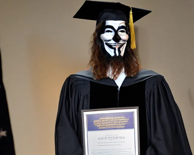 Prompt: man wearing guy fawkes mask accepts award from obama, university graduation pose, photo, cinematic lighting