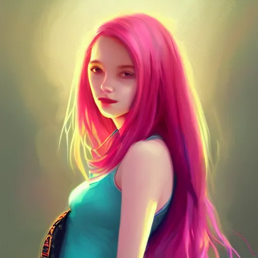 Image similar to colorful and festive captivating teenager girl with pink hair, cyan top crop, black skirt, black leggings, cute look. rich vivid colors, ambient lighting, dynamic lighting, 4 k, atmospheric lighting, painted, intricate, highly detailed by charlie bowater