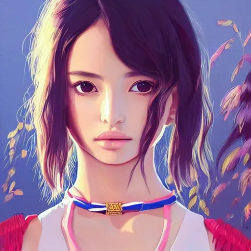 Image similar to a beautiful young japanese natalie portman alluring gravure model, stylized concept art, wearing elegant designer bomber jacket and one piece bikini, bomber jacket with mesoamerican patterns, mesoamerican native street fashion, princess mononoke, painted by ilya kuvshinov aesthetic, gorgeous, stunning, alluring, attractive, artstation, pinterest, digital art