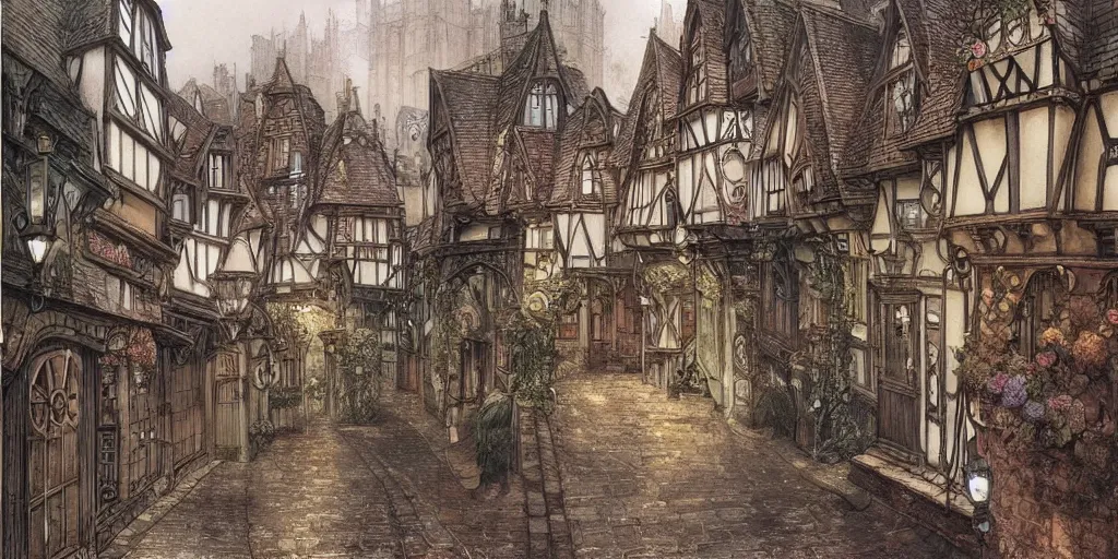 Prompt: a victorian dickensian village, tudor, art nouveau, baroque winding cobbled streets, style of arcane, magic the gathering, misty alleyways, tiled roofs, balconies, medieval tumbledown houses, st cirq lapopie, by ian mccaig, brian froud and mucha and alan lee