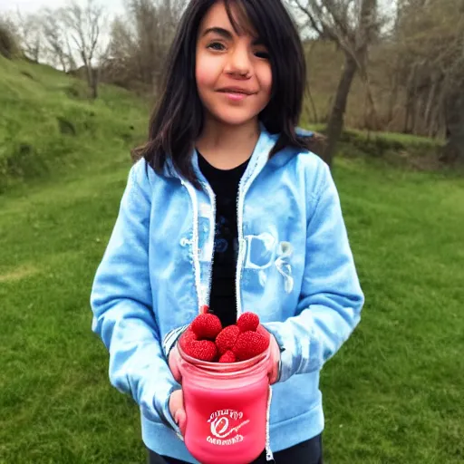 Image similar to charly with the racing jacket holding a jar of strawberry candy