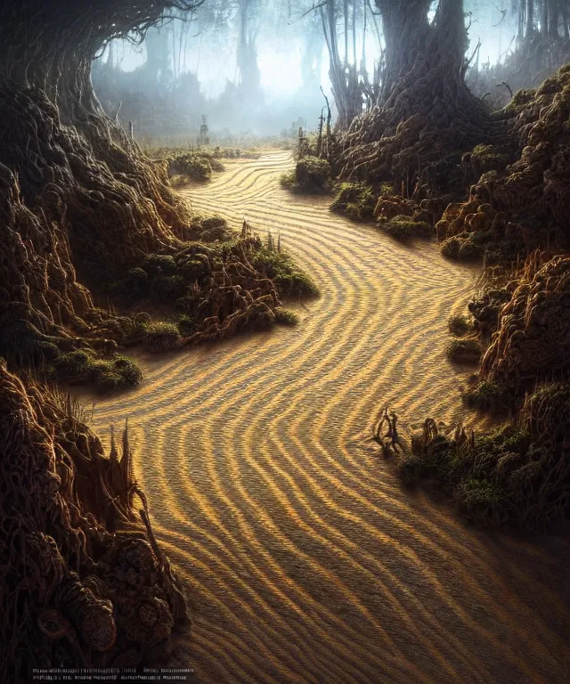 Image similar to hyperrealistic mixed media painting of a dirt trail across a fantasy landscape, stunning 3d render inspired art by P. Craig Russell and Barry Windsor-Smith + dim volumetric lighting, dizzy, full body, 8k octane beautifully detailed render, post-processing, extremely hyperdetailed, intricate, epic composition, grim yet sparkling atmosphere, cinematic lighting + masterpiece, trending on artstation, very very detailed, masterpiece, stunning