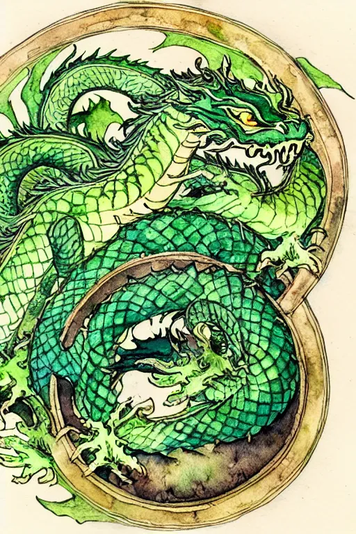 Prompt: green dragon watercolor painting in the center of a circular frame of leaves, art by walter crane and arthur rackham, illustration style, watercolor