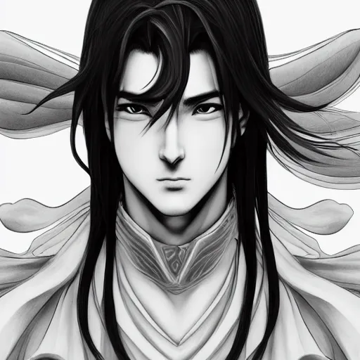 Image similar to an immortal xianxia cultivator with long black hair as an absurdly handsome, elegant, young anime man, ultrafine hyperrealistic detailed face illustration by kim jung gi, irakli nadar, intricate linework, sharp focus, bright colors, matte, gujian, final fantasy, unreal engine highly rendered, global illumination, radiant light, intricate environment