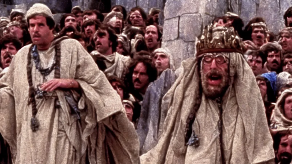 Image similar to a film still of bernie sanders as brian in monty python's life of brian ( 1 9 7 9 )