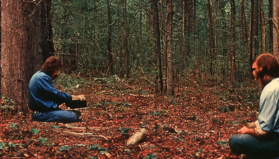 Image similar to 7 0 s film still from a horror movie with a man sitting in a forest, kodachrome, cinecolor, cinestill, photorealism, cinematic, film grain, film texture, vhs recording