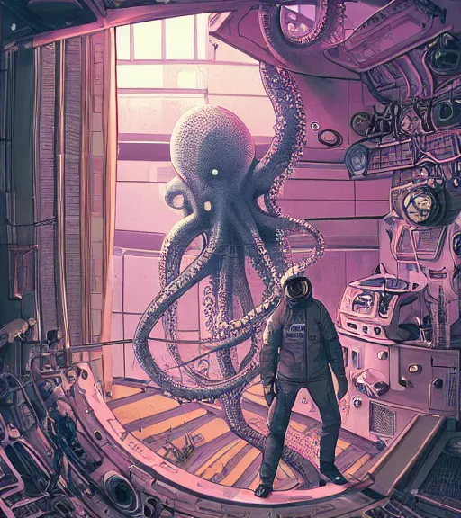 Prompt: a cybernetic realistic octopus in a space station, techwear, Industrial Scifi, detailed illustration, character portrait, graffiti art by Martin Grip and Moebius