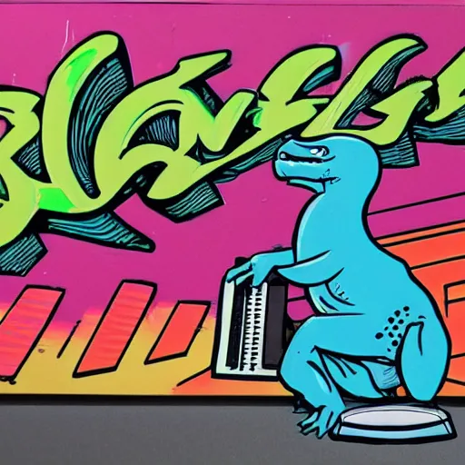 Image similar to 80s graffiti art style marker drawing of a dinosaur holding a synthesizer standing on a large speaker