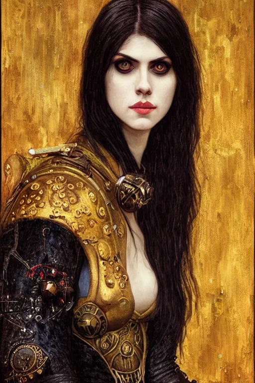 Image similar to portrait of beautiful gothic Alexandra Daddario, cyberpunk, Warhammer, highly detailed, artstation, illustration, art by Gustav Klimt