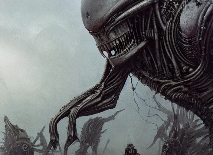 Prompt: close up cinematic artwork of an alien by hr giger staring down the enemy on the battlefield by Greg Rutkowski, 4k, masterpiece