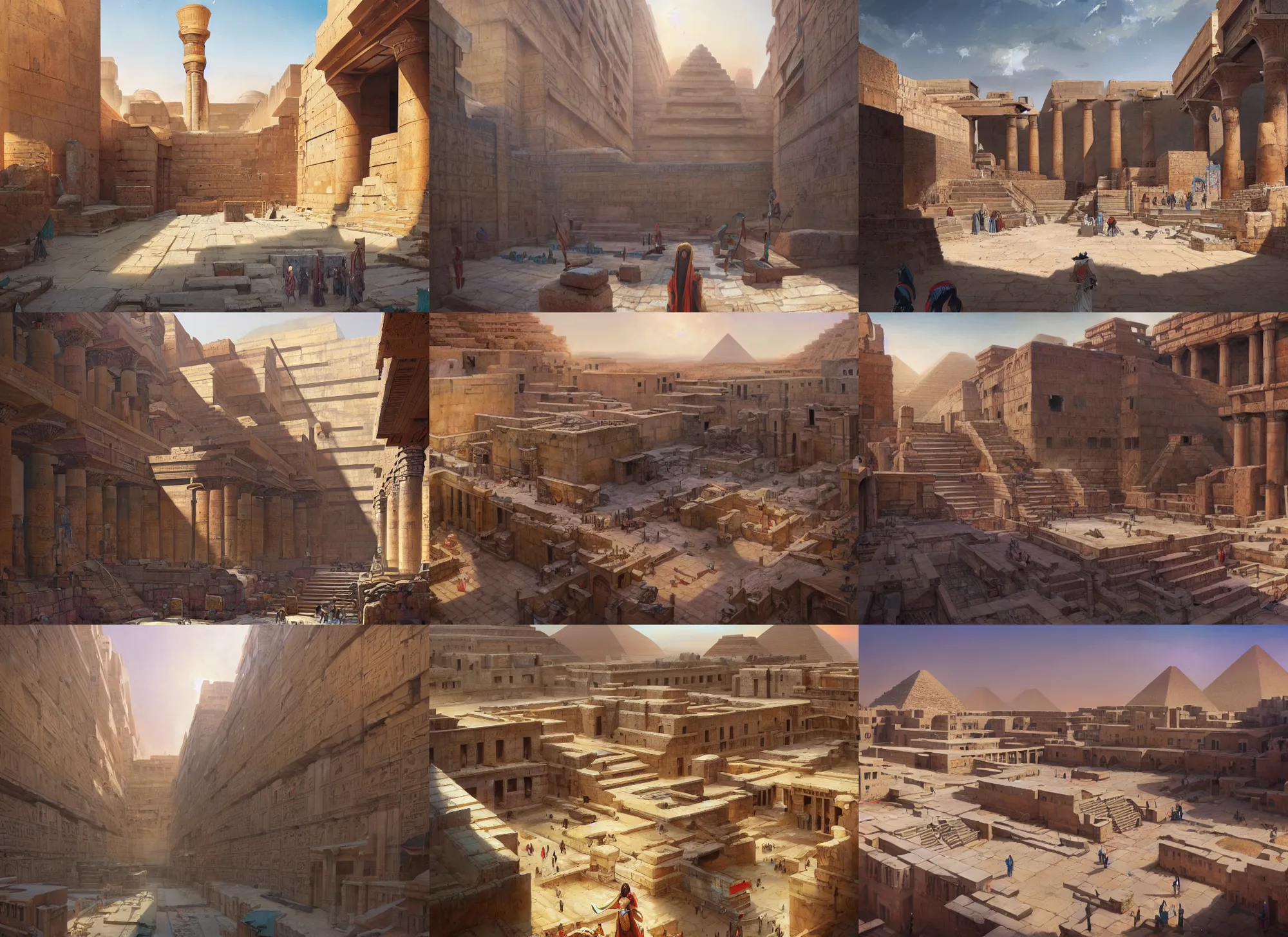 Prompt: A wide open courtyard in an epic, colorful ancient Egyptian city, anime, pyramids, a fantasy digital painting by Greg Rutkowski and James Gurney, trending on Artstation, highly detailed