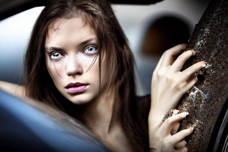 Image similar to mid shot portrait of a stunningly pretty young woman, sitting in her car, stuck in a traffic jam, tears, frustration, in the style of David cronenberg ,scary, weird, surprising, realistic, sharp focus, 8k high definition, medium format film photography, photo realistic, insanely detailed, intricate, elegant, art by les edwards and David kostic and stanley lau and artgerm