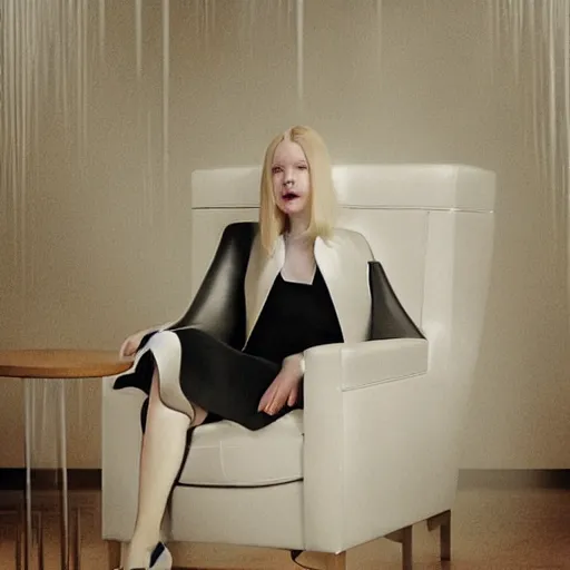 Prompt: Elle Fanning sitting on a white leather chair in the world of Johannes Vormeer, head and shoulders portrait, stormy weather, extremely detailed masterpiece, oil on canvas, low-key neon lighting, artstation, Blade Runner 2049, Roger Deakin’s cinematography, by J. C. Leyendecker and Peter Paul Rubens and Edward Hopper and Michael Sowa,