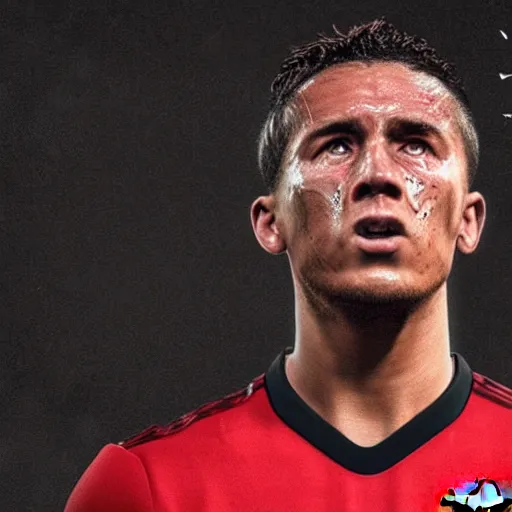 Image similar to ultra - photorealistic, manchester united player cried after degradation, intricate details, sharp focus, perfect baroque like real project, symmetrical realistic, perfect face and anatomy ultra - details, 4 k, uhd, beautiful random content position, perfect emotion, balance