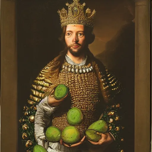 Image similar to A king wearing a crown made of avocados and a royal mantle