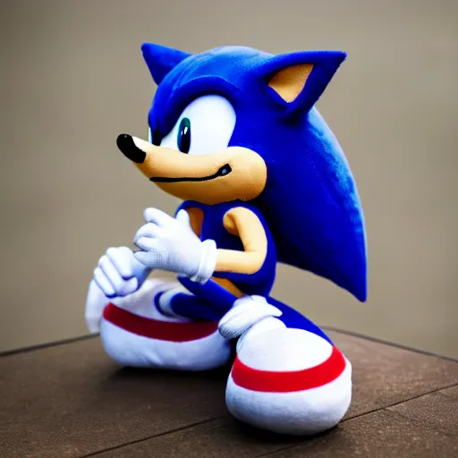 Prompt: plush doll of sonic the hedgehog sitting in vancouver during the morning, 8 k, cute, looks soft, high quality, hd resolution