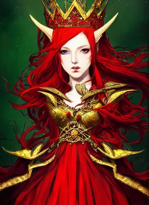 Prompt: Full body portrait of a beautiful red haired elven queen wearing red, green and gold ceremonial queen dress and elaborate golden crown. In style of Yoji Shinkawa and Hyung-tae Kim, trending on ArtStation, dark fantasy, great composition, concept art, highly detailed.
