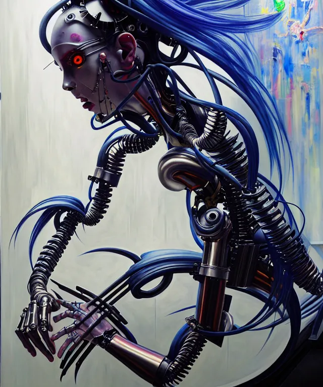 Prompt: photo of futuristic holy futuristic cyborg-robot-painter-artist creating a painting with acrylic paint and brushes in a futuristic artist studio by H.R Giger, by Ayami Kojima, Amano, Tom Bagshaw, Rene Margitte, Ryan Dening ,Hajime Sorayama , Eddie Mendoza , rich deep colors. masterpiece, intricate artwork by Tooth Wu and wlop and beeple, greg rutkowski. still from a 2021 movie by Terrence Malick, Tarkovsky, Gaspar Noe, James Cameron,