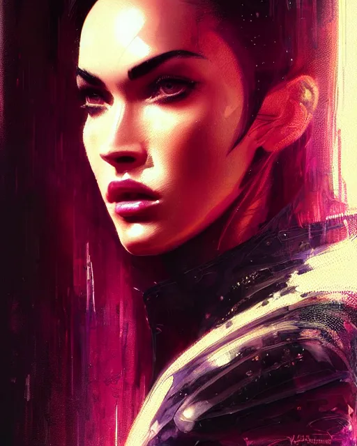 Image similar to detailed side profile portrait Megan Fox, cyberpunk futuristic neon, reflective puffy coat, decorated with traditional Japanese ornaments by Ismail inceoglu dragan bibin hans thoma greg rutkowski Alexandros Pyromallis Nekro Rene Maritte Illustrated, Perfect face, fine details, realistic shaded, fine-face, pretty face