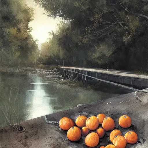 Image similar to clementines from walking dead the last season sitting next to a river by greg rutkowski