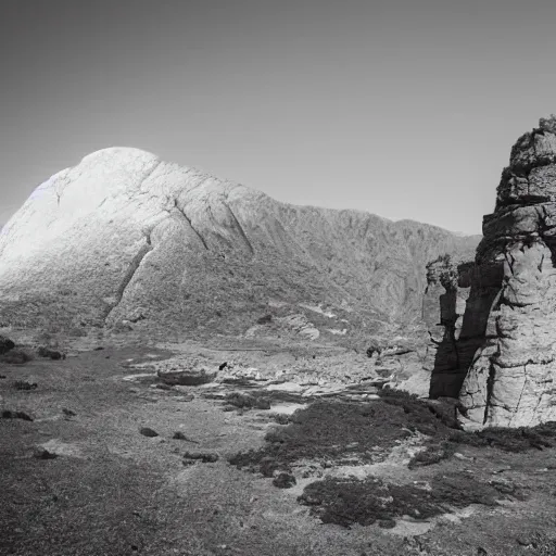 Prompt: an epic landscape, rock formation that looks like a woman, a female mountain cinematic light, long shadows,