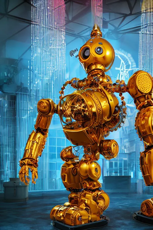 Image similar to portrait photo of a giant huge golden and blue metal humanoid steampunk robot cleaner robot, with gears tubes vaccuumcleaner, on the wet floor are mop and bucket, eyes are glowing red lightbulbs, shiny crisp finish, 3 d render, 8 k, insaneley detailed, fluorescent colors, background is multicolored lasershow