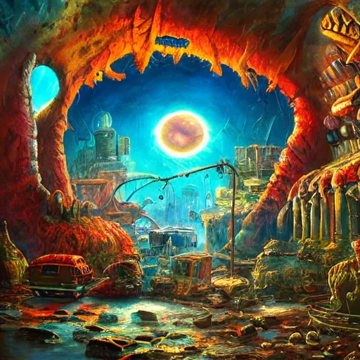 Image similar to giant television set, on ancient post - apocalyptic planet, jim henson creature shop, vivid and colorful, thomas kincaid, cinematic, oil painting, highly detailed, illustration