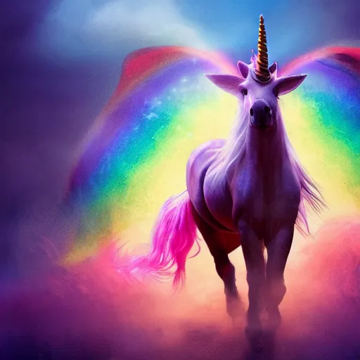 Image similar to full body pose, hyperrealistic photograph of attractive girl riding a rainbow unicorn, dim volumetric lighting, 8 k, octane beautifully detailed render, extremely hyper detailed, intricate, epic composition, cinematic lighting, masterpiece, trending on artstation, very very detailed, stunning, hdr, smooth, sharp focus, high resolution, award, winning photo, dslr, 5 0 mm