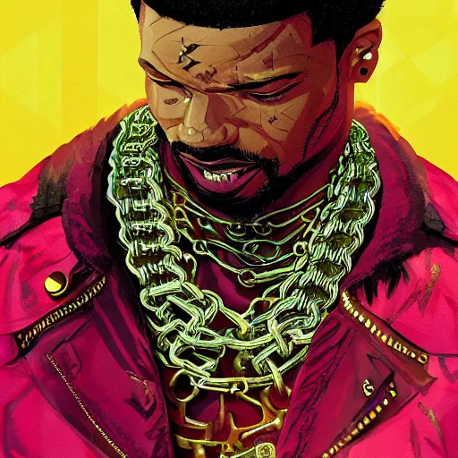 Prompt: a matte painting of killmonger, dripped out, diamonds, diamond chain, stylish, diamond grill by sachin teng