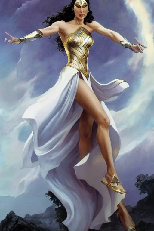 Prompt: a stunning full body portrait of Gal Gadot wearing a divine white dress, fantasy art by Frank Frazetta and Boris Vallejo, highly detailed, trending on artstationhq