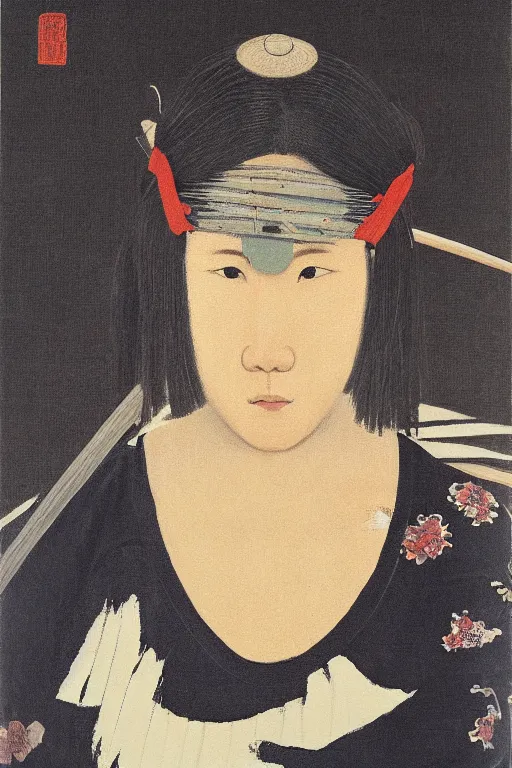 Prompt: wang neng jun painting of native japanese woman shinobi with partially masked face, highly realistic, moody lighting