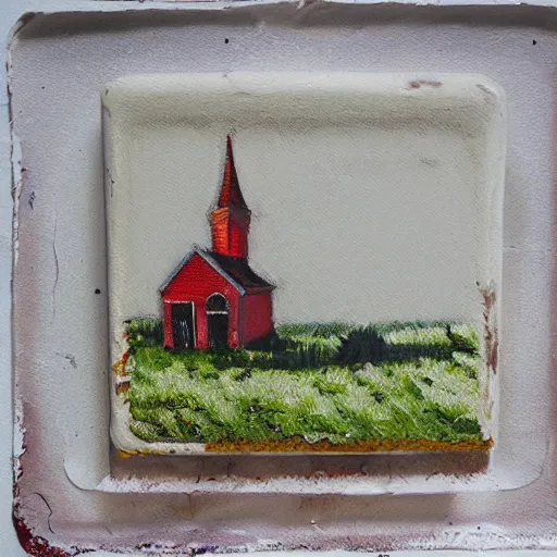 Prompt: oil on styrofoam crust - painting with melt of a small white country church in a corn field ( very sinister and sweet )