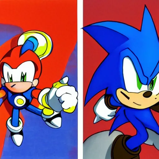 Image similar to Megaman fighting Sonic the Hedgehog, Painted By Akari Toriyama