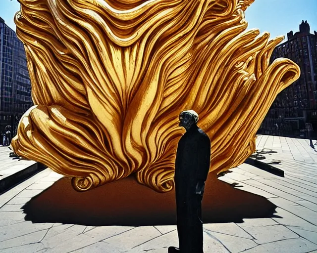 Prompt: by szukalski, francis bacon, vivian maier, mystical redscale photography evocative. a beautiful carved kinetic sculpture of a gold and obsidian huddled mass of transient figures, caught in a dream, standing in a city center.