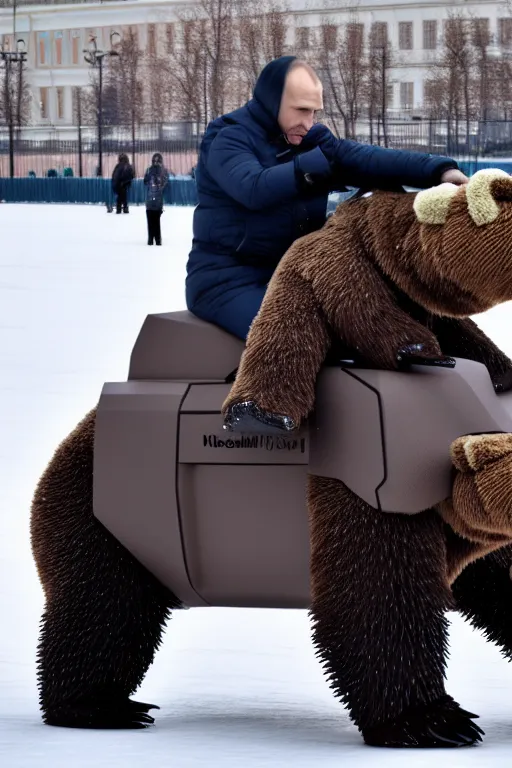 Image similar to a picture of putin ride robotic bear in moscow. - photorealistic, pullitzer winning, taken with canon eos 5 d mark iv, versatile, lens interoperability, autofocus, 4 k uhd video capture at 3 0 fps, 8 k time - lapse functions, by karah mew, jodie bateman