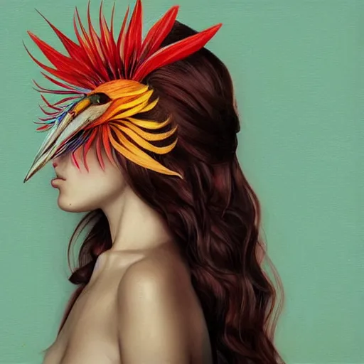 Prompt: portrait of beautiful woman with bird of paradise flower covering her face, art by marco mazzoni, dark background, asymmetrical, colors red white blue and black