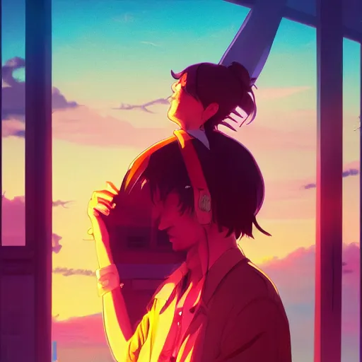 Image similar to portrait of Johnny depp, sunset background, rich vivid colors, ambient lighting, dynamic lighting, 4k, official media, anime key visual, makoto shinkai, ilya kuvshinov, lois van baarle, rossdraws, detailed, trending on artstation