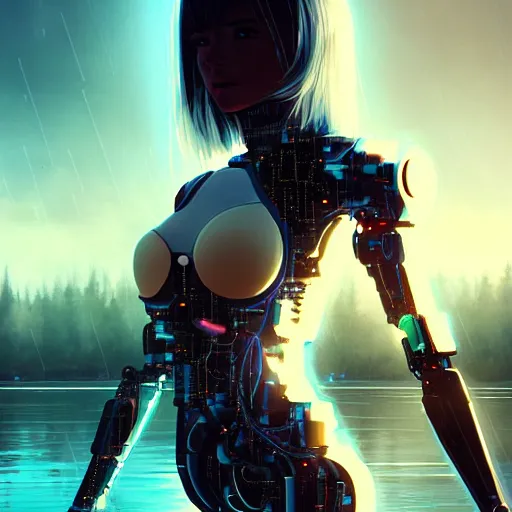 Prompt: a beautiful cyborg - angel girl standing on a lake, rainfall, biomechanical details, digital cyberpunk anime art, full body shot!!, reflections, lens flare, 1 6 k resolution, wlop!!, ilya kuvshinov, artgerm, krenz cushart, greg rutkowski