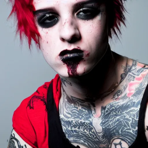 Image similar to young man with a short red dyed mohawk, red eyes and a slim face, dressed in punk clothing, punk style, headshot photo, attractive, handsome, in color, no makeup, model