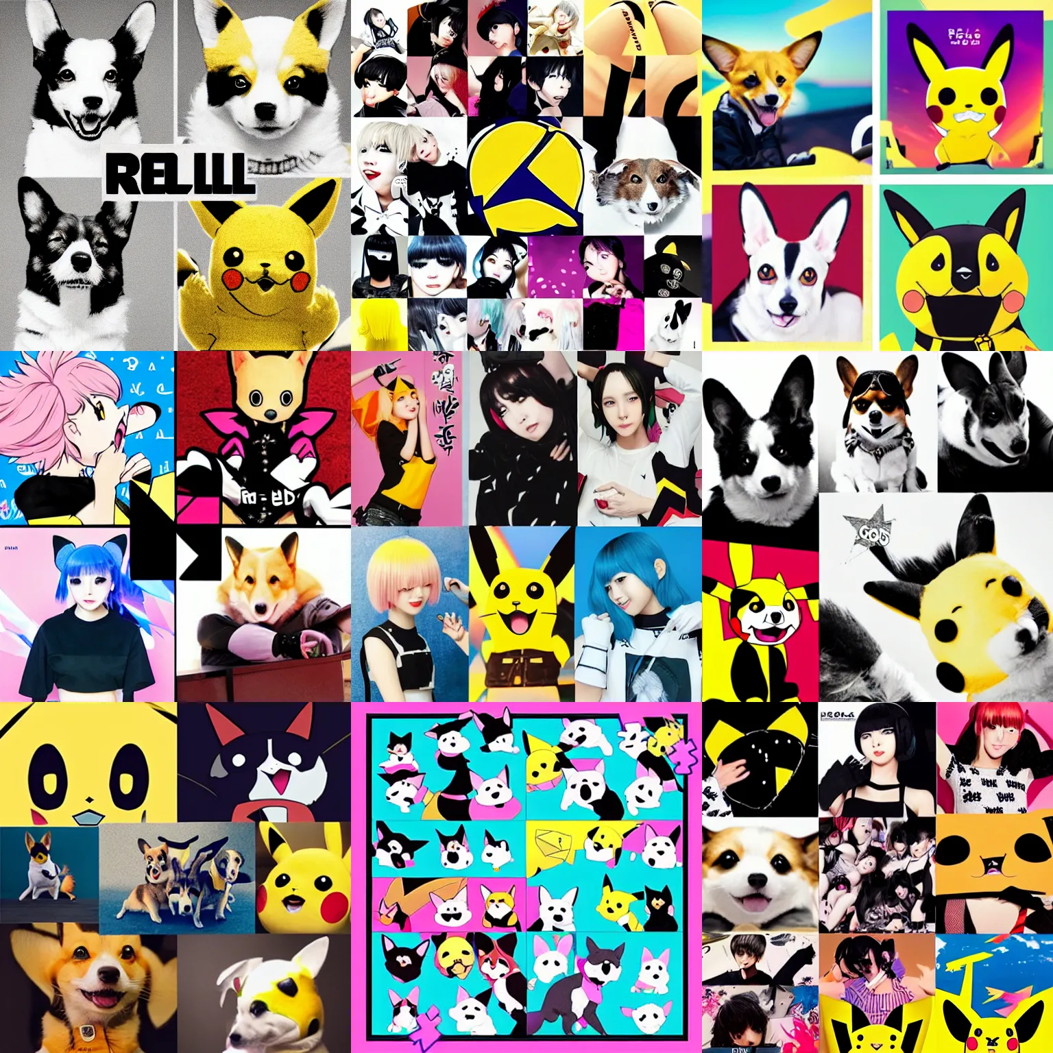 Prompt: reol ( top left ) vixen ( top right ) pikachu ( bottom left ) corgi ( bottom right ) kpop album cover