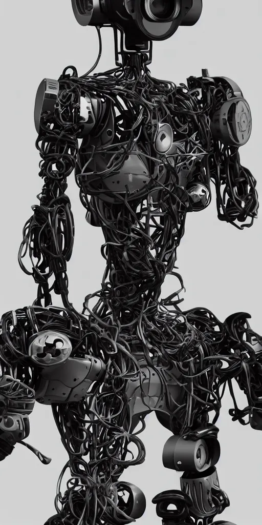 Image similar to humanoid robot with an old school camera for a head, sci - fi, cyberpunk, 4 k, realistic, detailed, gears, wires, cables, gadgets