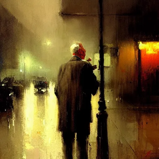 Image similar to lonely old man smoking a cigar, rainy night, painting by jeremy mann