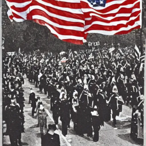 Image similar to Satanic States of America, alternate history, Satanic parade, 1940s, Pennsylvania Avenue, occult flags, goth crowds, 1940s fashion