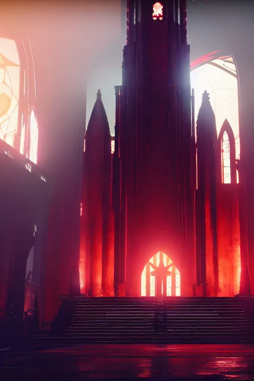 Image similar to symmetrical, centered composition, ancient church with red shafts of light in destiny 2, foggy, liminal, dark, dystopian, beautiful architecture, abandoned, highly detailed 4 k destiny 2 expansion key art wallpaper