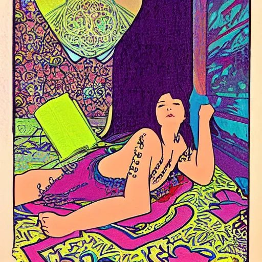 Prompt: rocker goth teen girl laying on the floor, writing on a journal. 1970s colorful psychedelic bedroom. Trippy. Moscoso. Mucha.