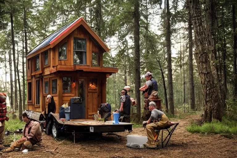 Image similar to movie scene, real life team of gnome people building a tiny house in their forest village natural lighting by emmanuel lubezki