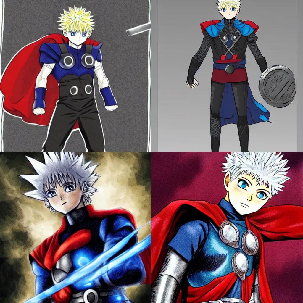 Prompt: older killua zoldyck as thor, full body armor,